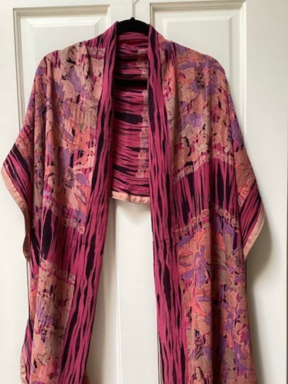 Oversized pink, purple and tan ribbon-trimmed floral shawl, 88" x 40"